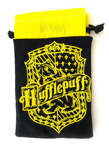 Handmade Drawstring bag - Printed Black Hufflepuff